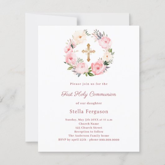 Blush pink floral cross First Communion invitation (Vorderseite)