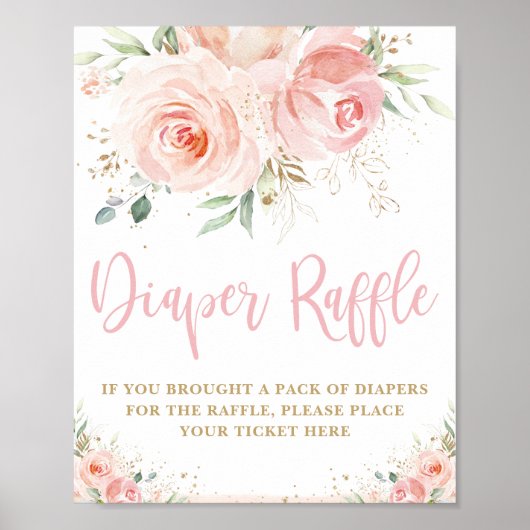 Blush Pink Floral Diaper Raffle Babydusche Zeichen Poster (Vorne)