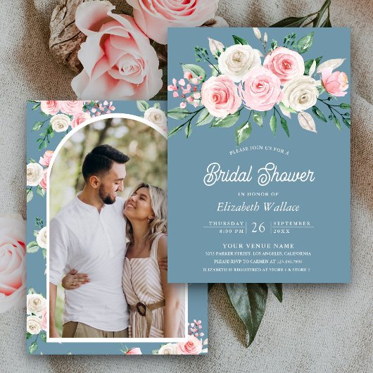 Blush Pink Floral Dusty Blue Foto Brautparty Einladung