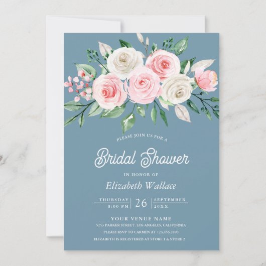 Blush Pink Floral Dusty Blue Foto Brautparty Einladung (Vorderseite)