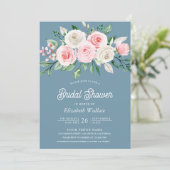Blush Pink Floral Dusty Blue Foto Brautparty Einladung (Stehend Vorderseite)