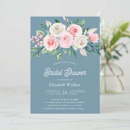 Blush Pink Floral Dusty Blue Foto Brautparty Einladung (Stehend Vorderseite)