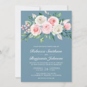Blush Pink Floral Dusty Blue QR Code Hochzeit Einladung (Vorderseite)