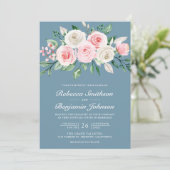 Blush Pink Floral Dusty Blue QR Code Hochzeit Einladung (Stehend Vorderseite)