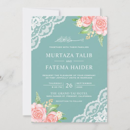 Blush Pink Floral Egg Muschel Aquamarin muslimisch Einladung (Vorderseite)