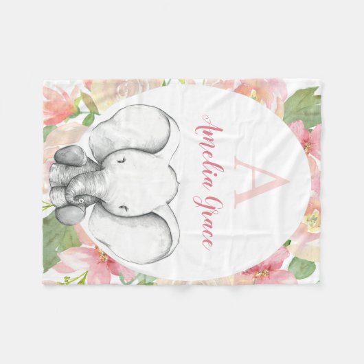 Blush Pink Floral Elefant Personalisiert Girl Fleecedecke (Vorderseite (Horizontal))