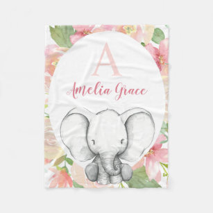 Blush Pink Floral Elefant Personalisiert Girl Fleecedecke