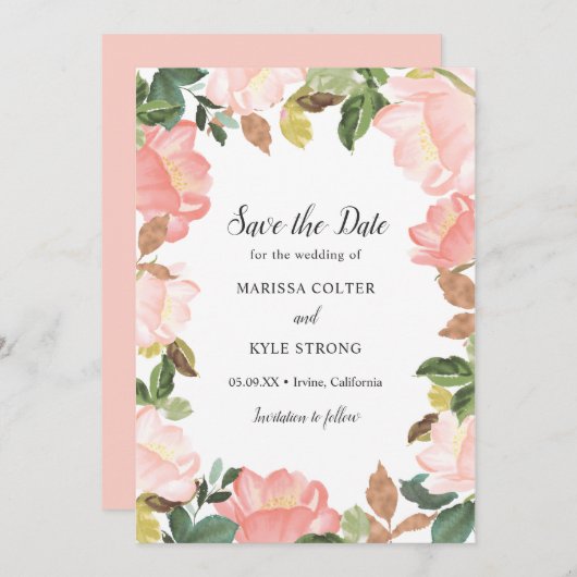 Blush Pink Floral Elegante Hochzeit Save The Date (Vorne/Hinten)
