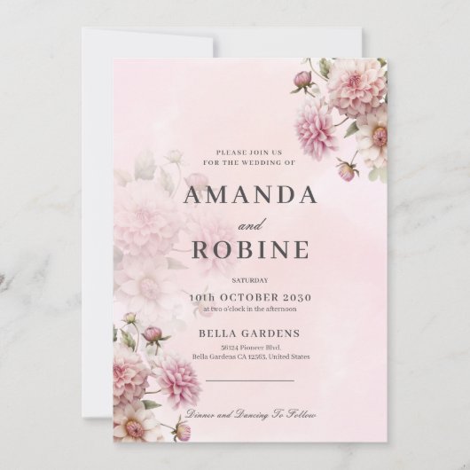 Blush Pink Floral Elegante Hochzeitsfeier Einladun Einladung (Vorderseite)