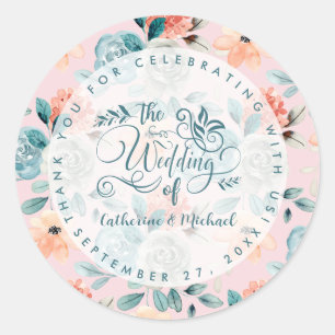 Blush Pink Floral Elegante Hochzeitskalligraphie Runder Aufkleber