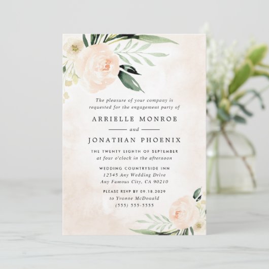 Blush Pink Floral Eleganter Garten Engagement Part Einladung (Stehend Vorderseite)