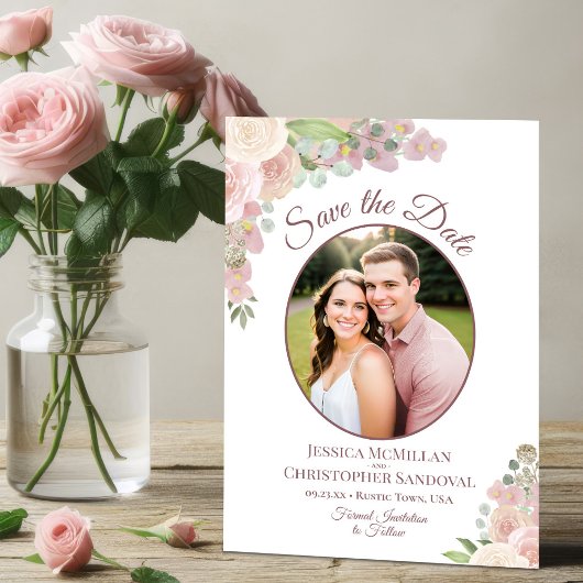 Blush Pink Floral Elegantes Boho Wedding Foto Save The Date