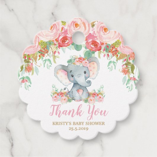 Blush Pink Floral Elephant Baby Dusche Danke Geschenkanhänger (Vorderseite)