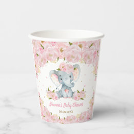 Blush Pink Floral Elephant Baby Dusche Geburtstag Pappbecher