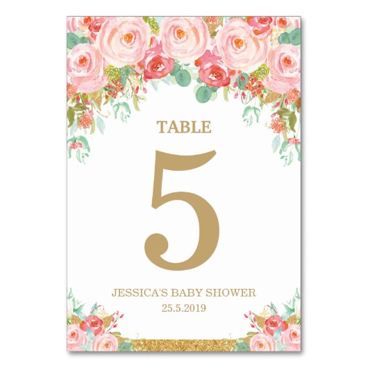 Blush Pink Floral Elephant Baby Shower Girl Tischnummer (Vorderseite)
