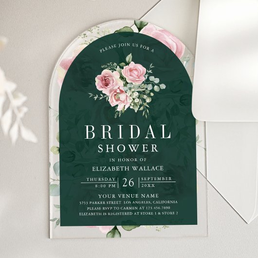 Blush Pink Floral Emerald Green Bridal Shower Acryleinladungen