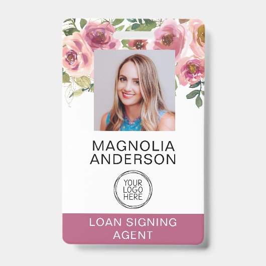 Blush Pink Floral Employee Foto Logo Barcode Ausweis (Vorderseite)