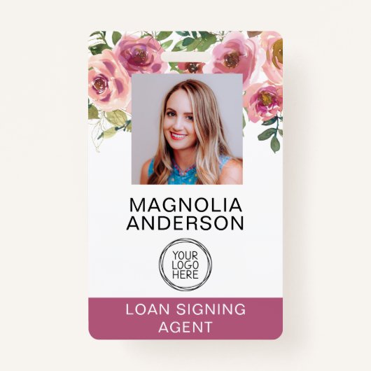 Blush Pink Floral Employee Foto Logo Barcode Ausweis (Vorderseite)