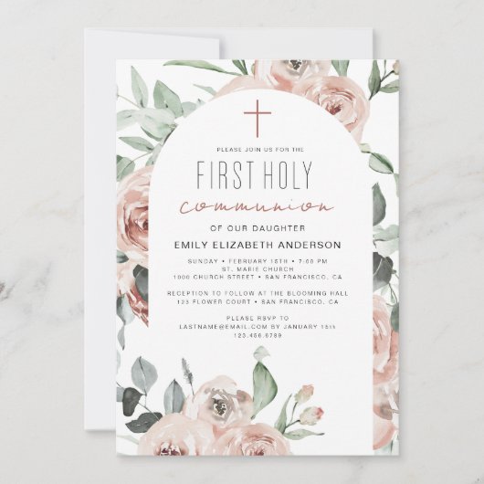 Blush Pink Floral Erste Heilige Kommune Einladung (Vorderseite)