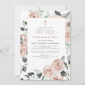 Blush Pink Floral Erste Heilige Kommune Einladung (Vorderseite)