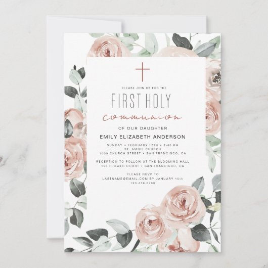 Blush Pink Floral Erste Heilige Kommune Einladung (Vorderseite)