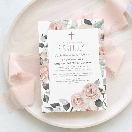Blush Pink Floral Erste Heilige Kommune Einladung