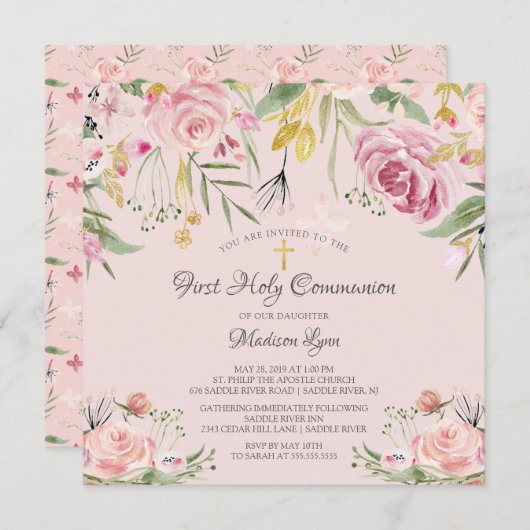 Blush Pink Floral Erste Heilige Kommune Einladung (Vorne/Hinten)