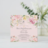 Blush Pink Floral Erste Heilige Kommune Einladung (Stehend Vorderseite)