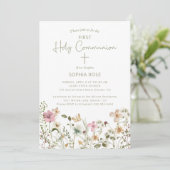 Blush Pink Floral Erste Kommune Einladung (Stehend Vorderseite)