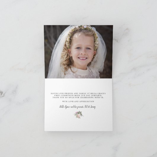 Blush Pink Floral Erste Kommune Foto Vielen Dank Dankeskarte (Innenseite)