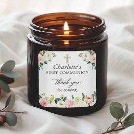 Blush Pink Floral Erste Kommune Vielen Dank für Ih Quadratischer Aufkleber