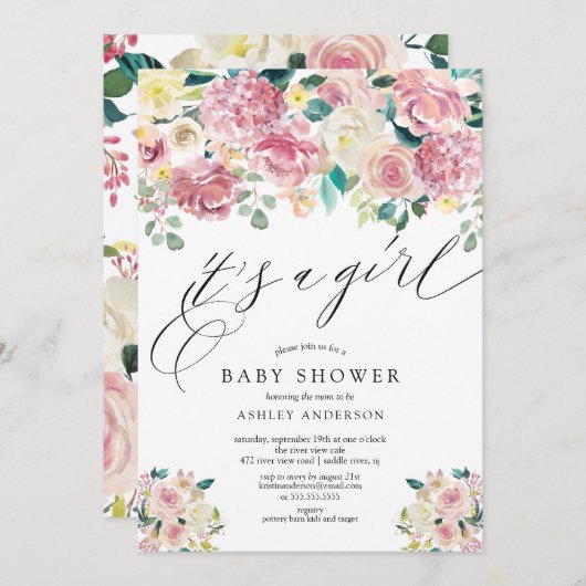 Blush Pink Floral Es ist eine Girl Baby Dusche Einladung (Vorne/Hinten)