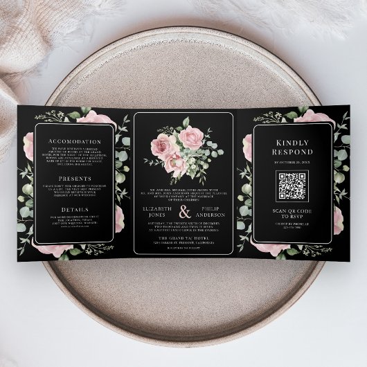 Blush Pink Floral Eucalyptus Black QR Code Wedding Dreifach Gefaltete Einladung