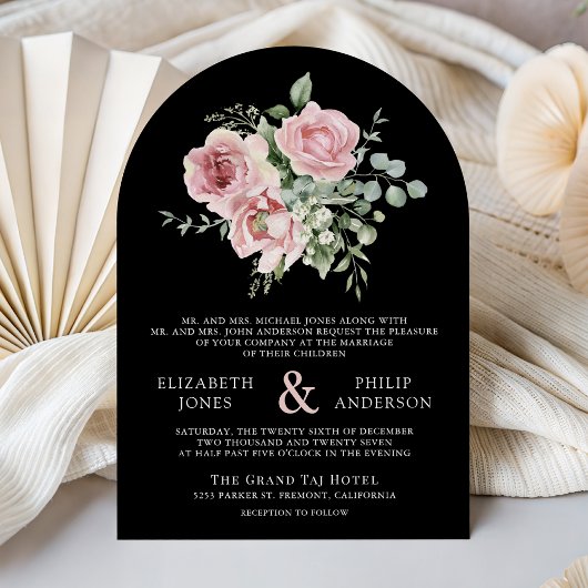 Blush Pink Floral Eucalyptus Black QR Code Wedding Einladung