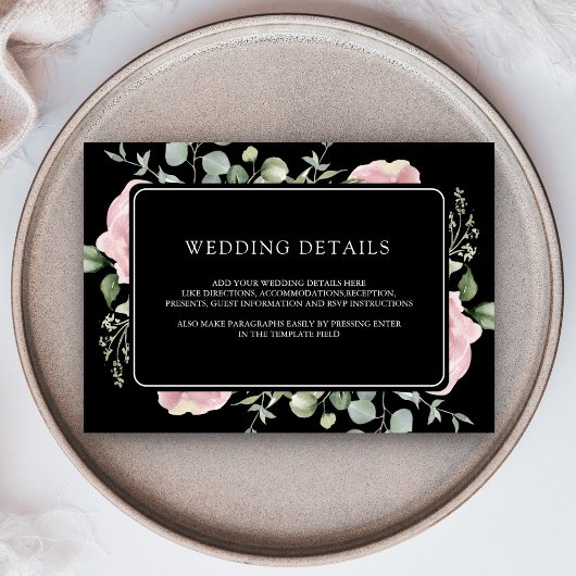Blush Pink Floral Eucalyptus Black Wedding Details Begleitkarte
