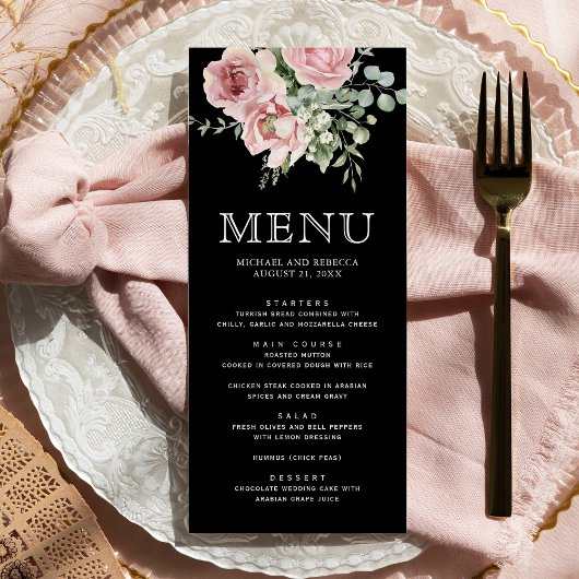 Blush Pink Floral Eucalyptus Black Wedding Menükarte