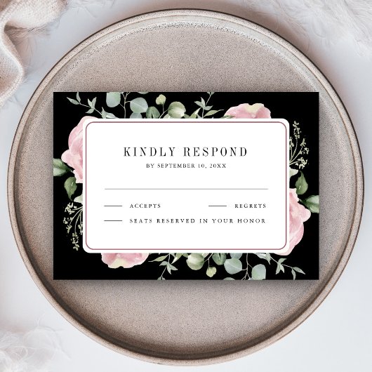 Blush Pink Floral Eucalyptus Black Wedding RSVP Karte