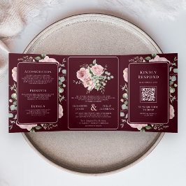 Blush Pink Floral Eucalyptus Burgundy Wedding Dreifach Gefaltete Einladung
