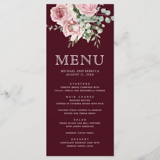Blush Pink Floral Eucalyptus Burgundy Wedding Menükarte (Vorderseite)