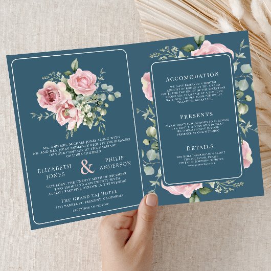 Blush Pink Floral Eucalyptus Dusty Blue Wedding Einladung