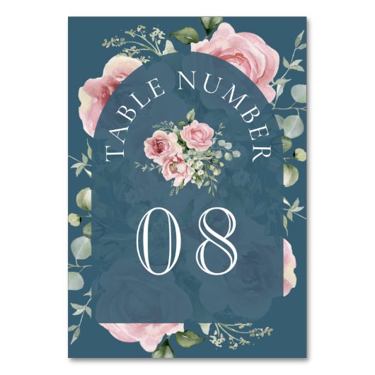 Blush Pink Floral Eucalyptus Dusty Blue Wedding Tischnummer (Vorderseite)