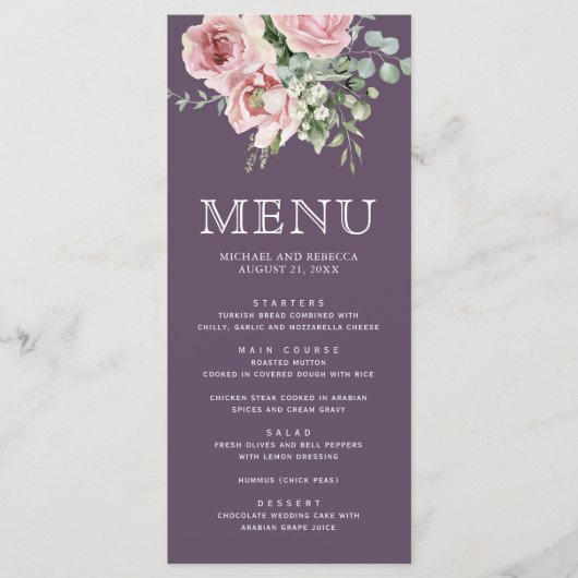 Blush Pink Floral Eucalyptus Dusty Purple Wedding Menükarte (Vorderseite)