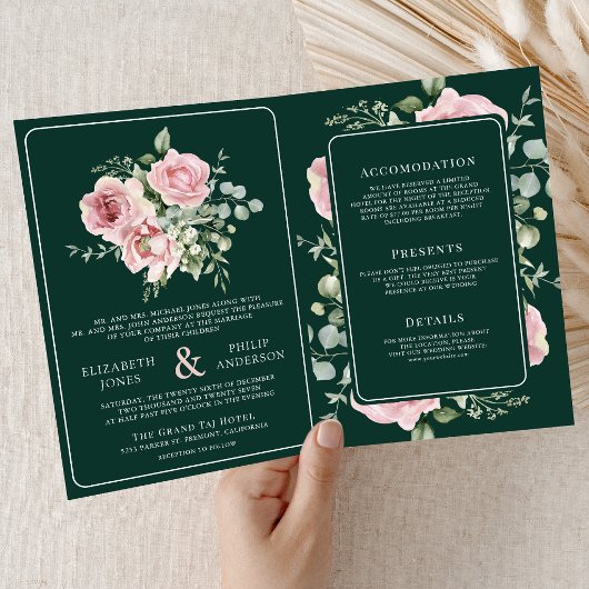 Blush Pink Floral Eucalyptus Emerald Green Wedding Einladung