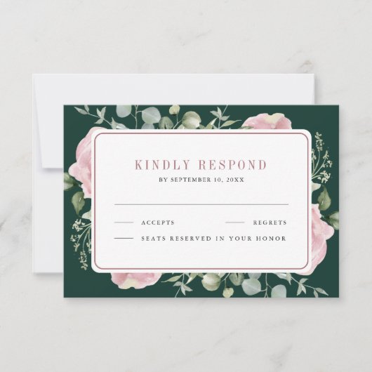 Blush Pink Floral Eucalyptus Emerald Green Wedding RSVP Karte (Vorderseite)