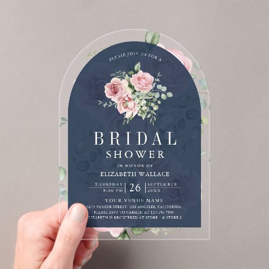 Blush Pink Floral Eucalyptus Navy Bridal Shower Acryleinladungen (Insitu (Handheld))