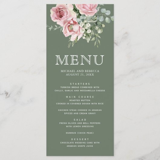 Blush Pink Floral Eucalyptus Sage Green Wedding Menükarte (Vorderseite)