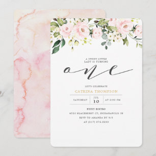 Blush Pink Floral & Eukalyptus Girl 1. Geburtstag Einladung
