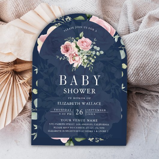 Blush Pink Floral Eukalyptus Navy Blue Baby Dusche Einladung