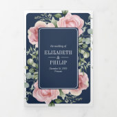 Blush Pink Floral Eukalyptus Navy Blue Wedding Dreifach Gefaltete Einladung (Cover)