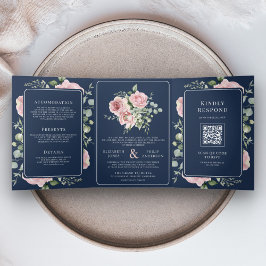Blush Pink Floral Eukalyptus Navy Blue Wedding Dreifach Gefaltete Einladung